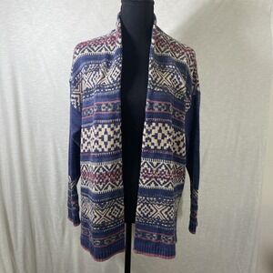 Chaps Sweater Cardigan Womens Size Small Blue Cream Pink Aztec Boho Open‎ Front
